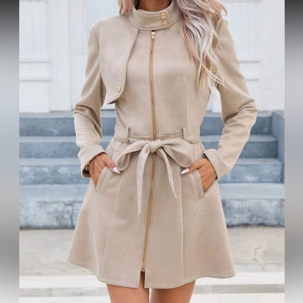 Chic Beige Belted Zip Coat Dress | Structured Minimalist | Size L